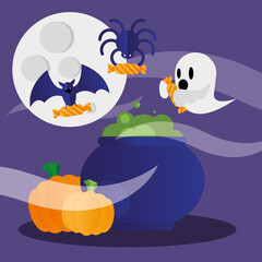 Halloween witch bowl ghost and pumpkins vector design