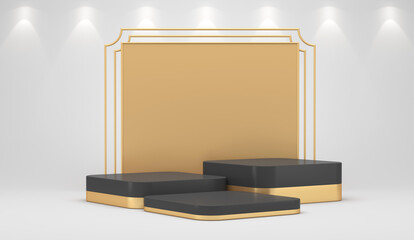 Abstract minimal concept. Empty white stand with gold on a white background. 3D rendering. Luxurious minimalist layout. Illustrations for advertising.