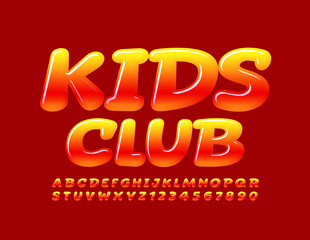 Vector creative banner Kids Club. Bright glossy Font. Gradient color Alphabet Letters and Numbers set