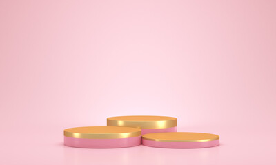 Illustrations for advertising. Empty presentation booth on a pink background. Three cylindrical step blocks. 3D rendering.