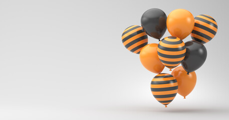 Halloween. 3D rendering. Composition of black and orange balloons on a white background. Illustration for advertising.