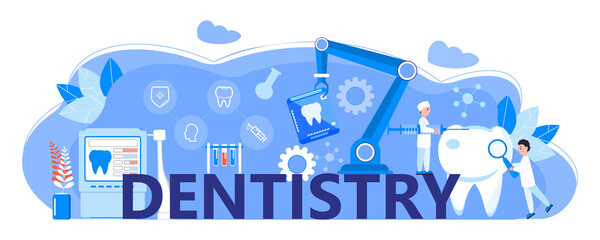 Dentist service vector concept for landing page. Tiny dentists make x-ray scan of teeth to help toothache, to whiten enamel or recovery implant.