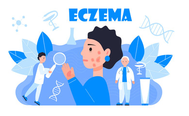 Eczema, psoriasis concept vector. Sad cute girl on the blue background. Tine dermatologists treat eczema of patient.
