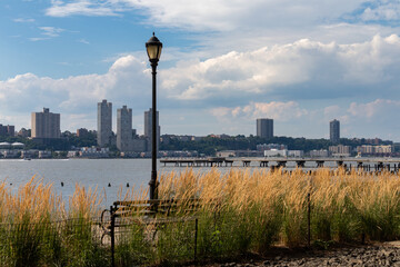 Riverside Park South along the Hudson River with a Street Light and View of New Jersey in Lincoln...