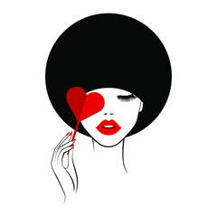 Beautiful woman face is keeping paper heart in her hand and closing eye, red lips, lush eyelashes, red nails manicure art, round hairstyle. Beauty logo. Vector illustration, wallpaper background.