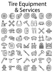 Tire Shop Icons Set, Vehicle Alignment Service Center Tool Vector, Auto Service Center Instruments Design, Wheel Store Elements on white background