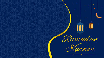 Fototapeta premium Ramadan kareem eastern pattern lamps moon stars blue yellow illustration background