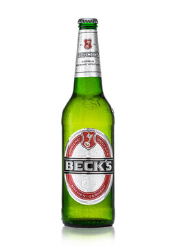 LONDON, UK - MARCH 15, 2017: Bottle of Becks beer on white background. Becks brewery was founded in 1873 in Bremen, Germany.