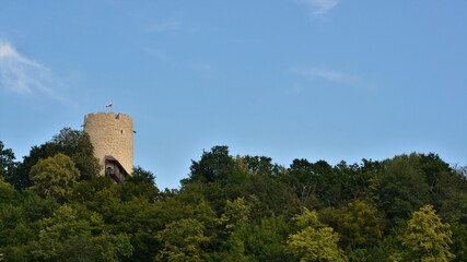 Fototapeta na wymiar Kazimierz Dolny Castle - thirteenth and fourteenth-century Romanesque castle ruins with tower located in Kazimierz Dolny, Poland, Europe. Panoramic view