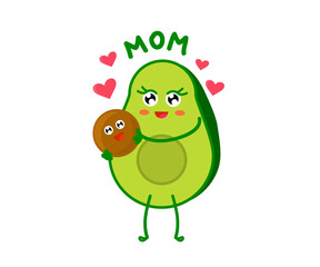 Avocado mom and bone baby on a white background. Cartoon. Vector illustration.