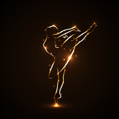 Silhouette of ballerina, dancers in movement on pointe and tutu. Drawn by hand with a tracings of golden color with light on a black background. Both arms and a leg lifted up. Vector. Icon. © Yurii