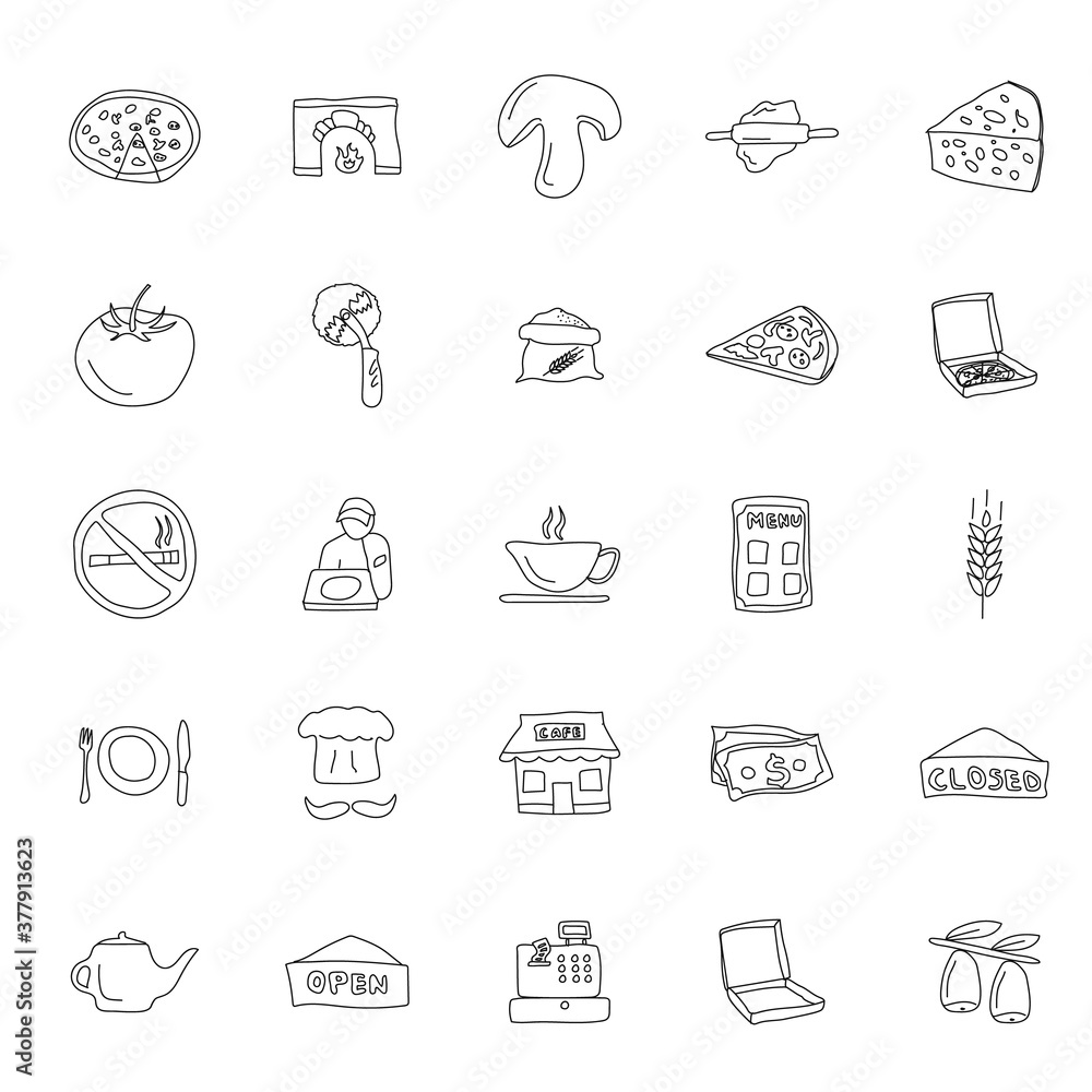 Poster pizzeria hand drawn linear doodles isolated on white background. pizzeria icon set for web and ui de