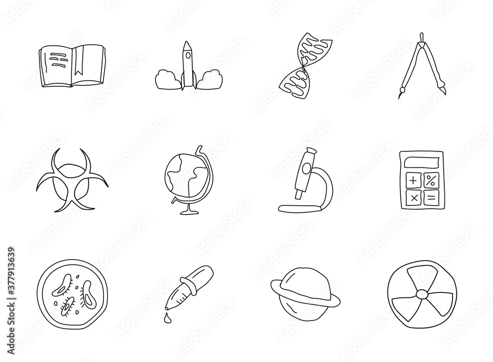 Poster science hand drawn linear vector icons isolated on white background. science doodle icon set for web
