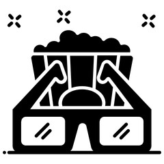 
An icon design of 3d cinema glasses in style, glares with popcorn 
