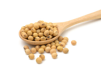 Soybeans in a wooden spoon isolated on white background.
