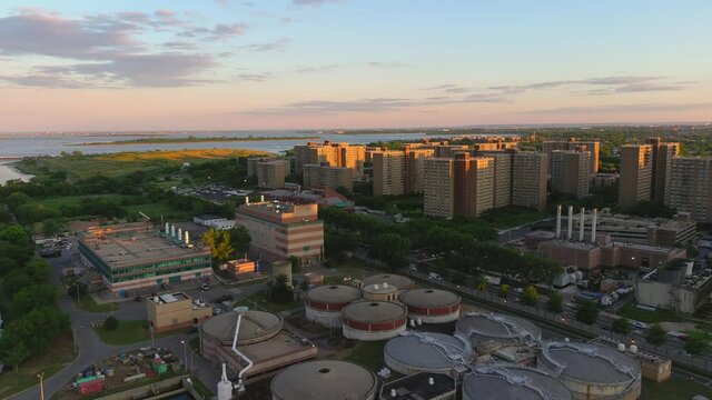 Aerial Sunset View of an Industrial Waste Water Plant in Brooklyn