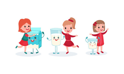 Happy Girl Characters Playing with Humanized Milk Carton and Glass Vector Illustration Set