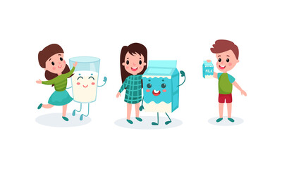 Cute Boy and Girl Characters Playing with Humanized Milk Carton and Glass Vector Illustration Set