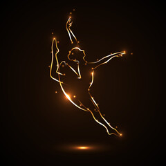 Dancer is dancing gracefully. Silhouette of a ballerina in a jump in traffic. Theatrical performance. The abstract image of a ballerina with gold contour with light flares on dark, black background. © Yurii