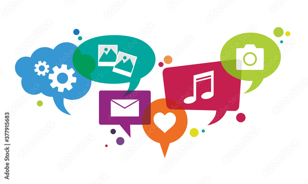 Poster vector illustration of speech balloons intersecting each other. symbolizes interactions on social me