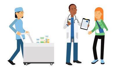Man Doctor Wearing White Coat Seeing Patient and Nurse Pulling Trolley with Medicines Vector Illustrations Set