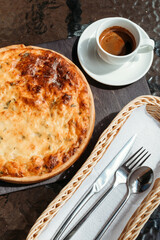 Americano and espresso coffee in morning on table at home. White cup of coffee in cafe. 