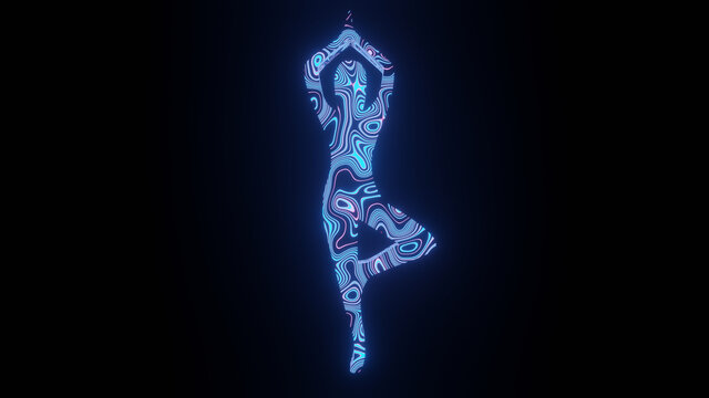 Illustration graphic of beautiful texture or pattern formation on the tree pose human body shape, isolated on black background. 3d rendering abstract neon lighting effect on yoga pose.