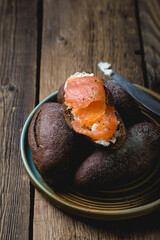 Fresh bread with cream cheese and smoked salmon