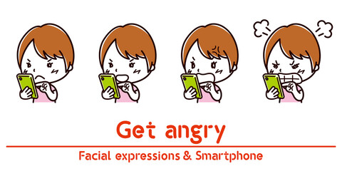 スマホを持った女性の表情のイラスト/怒る