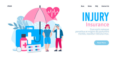 Injury medical health insurance website banner template with cartoon people characters having traumas and wounds, flat vector illustration on white background.