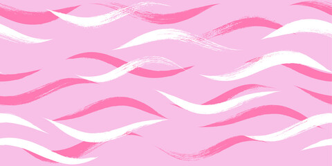 Seamless Wave Pattern, Hand drawn pink sea modern vector background. Wavy beach brush stroke, curly grunge paint lines, girly watercolor illustration