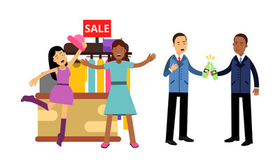 Woman and Man Doing Shopping and Drinking Beer Vector Illustration Set