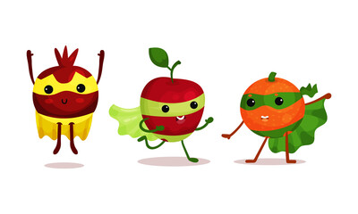 Funny Fruits Wearing Superhero Cloak Vector Illustration Set