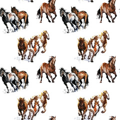 seamless pattern with horses. wild mustang watercolor illustration © Елена Фаенкова