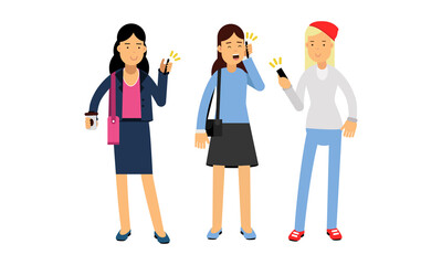 Young Woman Standing Holding Smartphone Chatting and Speaking by Cell Phone Vector Illustration Set
