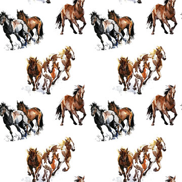 seamless pattern with horses. wild mustang watercolor illustration