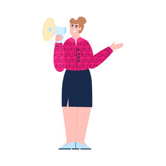 Woman with megaphone making an announcement, flat cartoon vector illustration isolated on white background. Young woman with loudspeaker disseminates information.