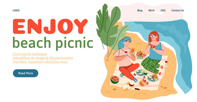 Young women had picnic on the sea beach on summer sunny day. Sisters or friends enjoy leisure, weekend or vacation. Vector cartoon illustration. Landing page template