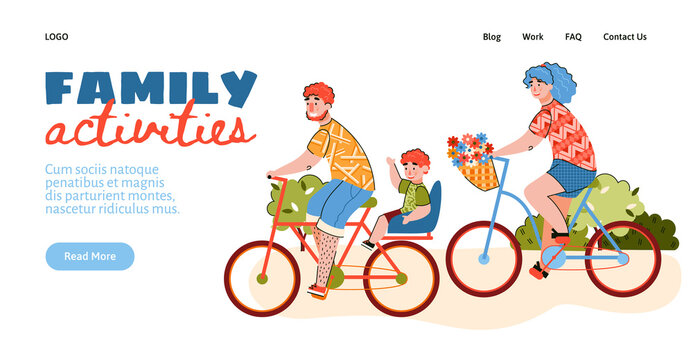 Family activities website banner mockup with parents and child enjoying joint bicycle ride outdoors, cartoon vector illustration. Family sports and summer activity.