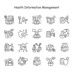 Medical management line icons set.Information technologies,diagnostics,innovations,equipment,treatment and data recording and more.Healthcare and health information management concept.Editable stroke 