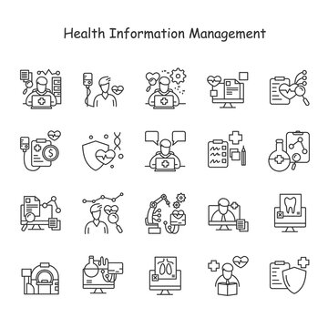 Medical Management Line Icons Set.Information Technologies,diagnostics,innovations,equipment,treatment And Data Recording And More.Healthcare And Health Information Management Concept.Editable Stroke 