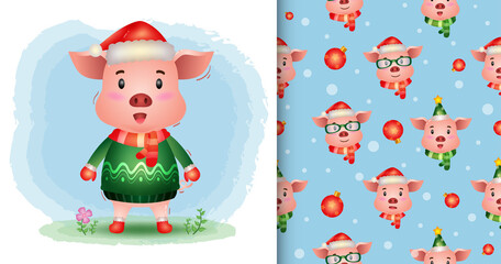 a cute pig christmas characters collection with a hat, jacket and scarf. seamless pattern and illustration designs