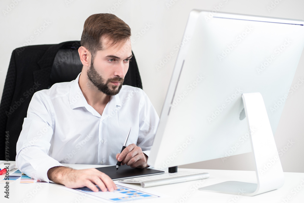 Poster mobile app designer at work. ui / ux design. a person develops the user interface of an educational 