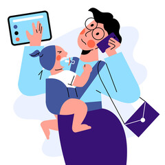A vector image of a working mother with a baby. Work and life balance image. 