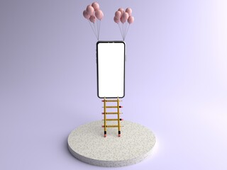 The ladder made of yellow pencil is leaning to the Smartphone white screen and a pink balloons tied to Smartphone white screen is floating, Isolated on violet Background, illustration, 3D rendering.