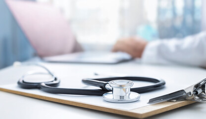 Online medicine concept. Stethoscope and clip board on the doctors workplace in the background, the...