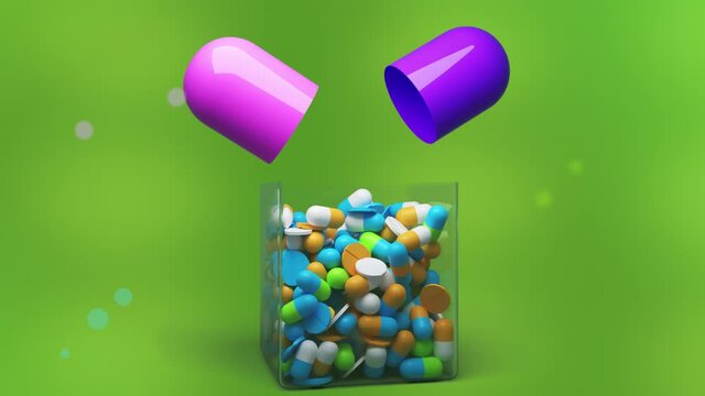A bright background with an opening medical capsule, from which pills are poured into a transparent vessel.