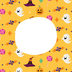 Fototapeta premium Halloween ghosts and candies cartoons background with space for text vector design
