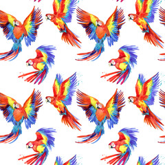Fototapeta na wymiar parrot bird seamless pattern tropical background. watercolor trendy summer print for textile