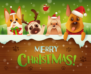 Merry Christmas! Dogs and Puppies with big signboard.